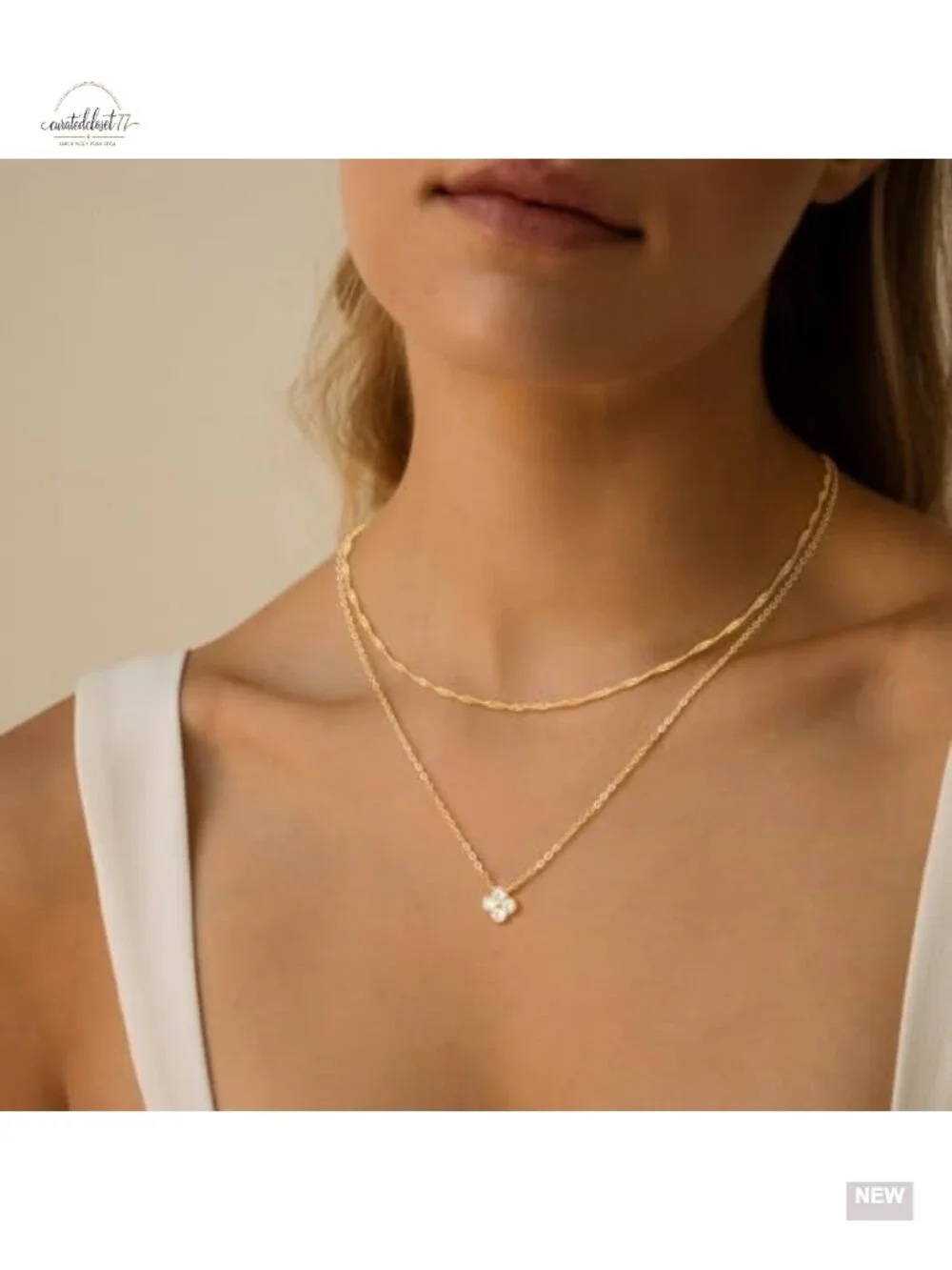 Dainty Layered Gold Plated Necklace Set Cubic Zirconia Four Leaf Clover Choker